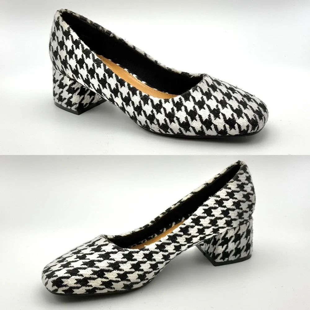 Comfortview Marisol Houndstooth Block Heel Pumps Black White Square Toe Shoes 9M